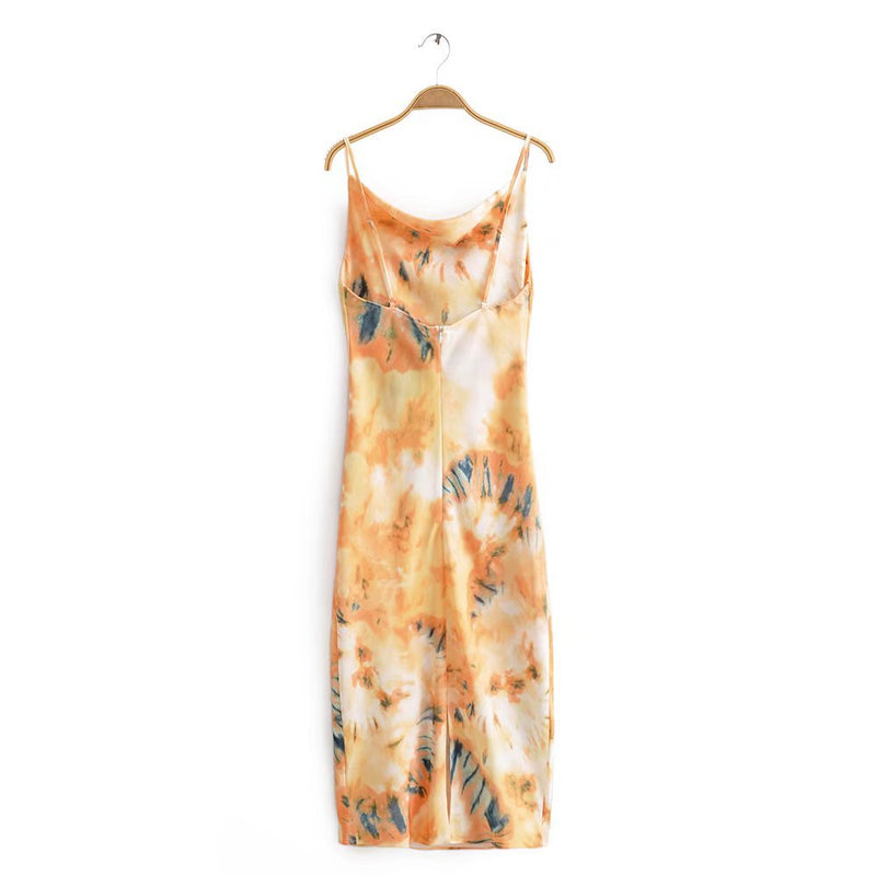 Sundresses Open Back Tie Dye Print Sling Slim Slit Mid-Length A-Line Dress Wholesale Dresses