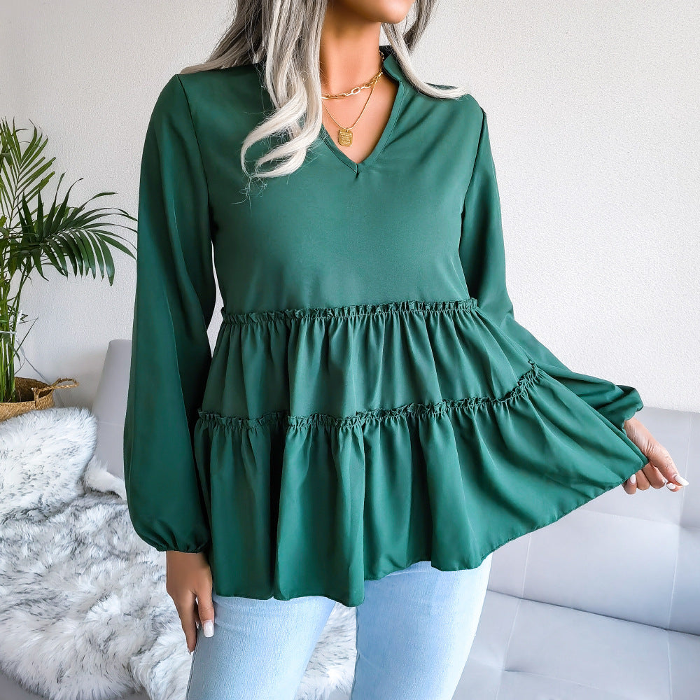 Solid Color Lantern Sleeve Casual Loose Ruffled Chiffon Blouse Wholesale T Shirts