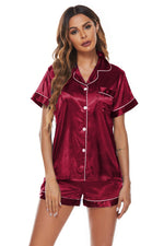 Short Sleeve Lapel Shirts & Shorts Satin Pajamas Plain Homewear Wholesale Loungewear Womens 2 Piece Set