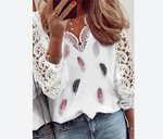 Fashion Print V Neck Tops Lace Splicing Loose Hollow Out Wholesale Womens Long Sleeve T Shirts