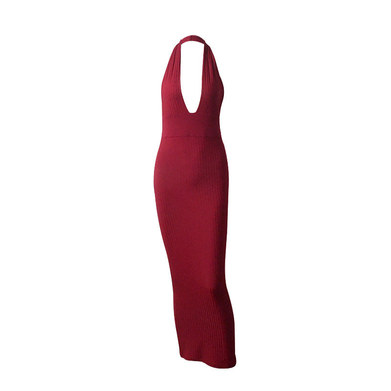 Sexy Halter Neck Deep V-Neck Dress Solid Color Backless Bodycon Wholesale Dresses