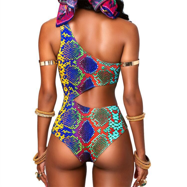 Women Fashion Snake Skin Print One Shoulder Hollow Out Wholesale One Piece Swimsuit