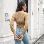 Solid Color Long Sleeve Knit Argyle Crew Neck Cropped Sweater Wholesale Women Tops