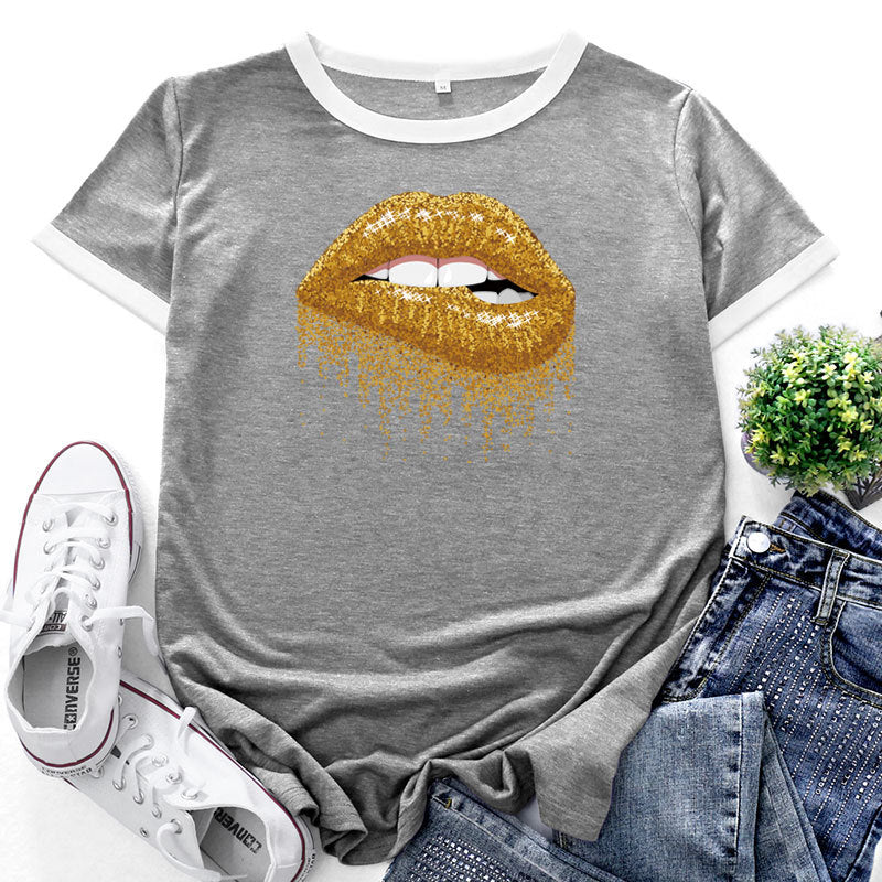 Women Fashion Lip Print Short Sleeve Wholesale T-shirts Summer