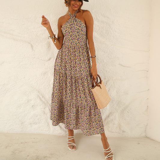 Floral Print Open Back Crossover Halterneck Big Swing Smocked Dress Vacation Wholesale Dresses