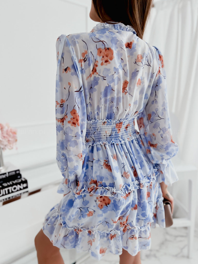 Floral Printed Chiffon Dress Wholesale Dresses V Neck Long Sleeve Agaric Laces Elastic Waist