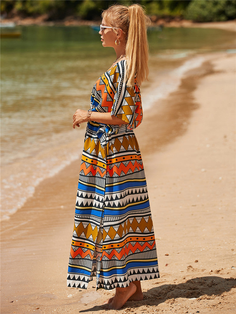 Tie-Up Waist Casual Geometric Print Loose Beach Blouse Resort Beachwear Cover Up Wholesale Maxi Dresses