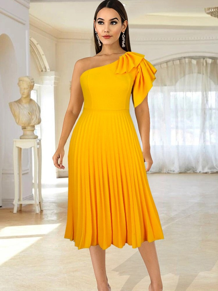 One Shoulder Pleated Yellow Irregular Wholesale Prom Dresses