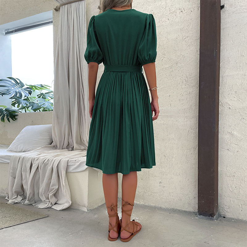 Tie-Up V Neck Pleated Dress Wholesale Dresse