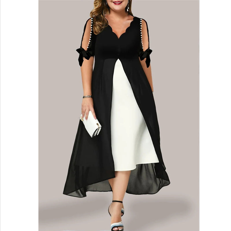 V-Neck Fake Two-Piece Half Sleeve Curvy Dresses Wholesale Plus Size Clothing