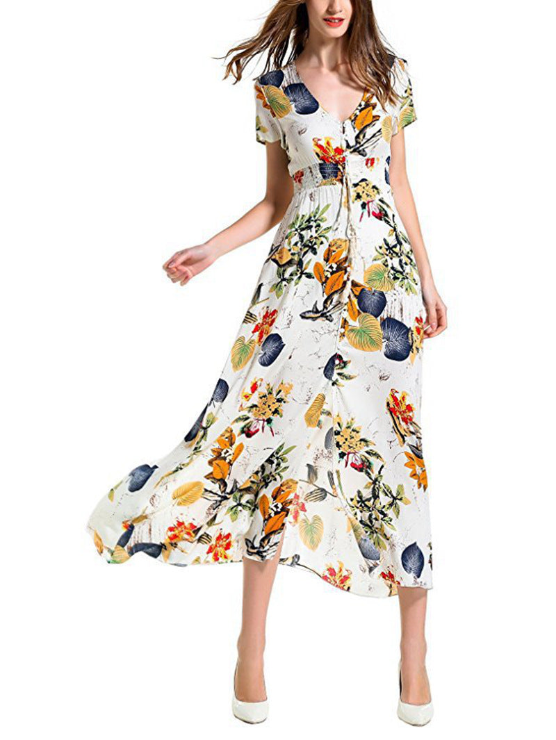 Printed Retro V-Neck Wide Hem Slit Design Vacation Dress Trendy Wholesale Maxi Dresses