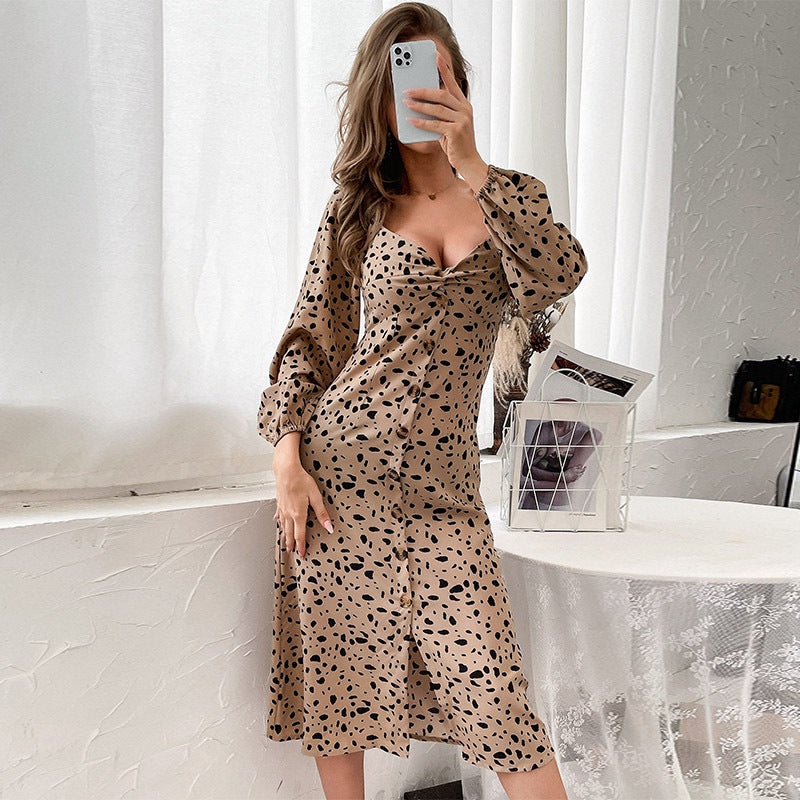 Ladies Leopard Print V-Neck Split Long Sleeve Dress Wholesale