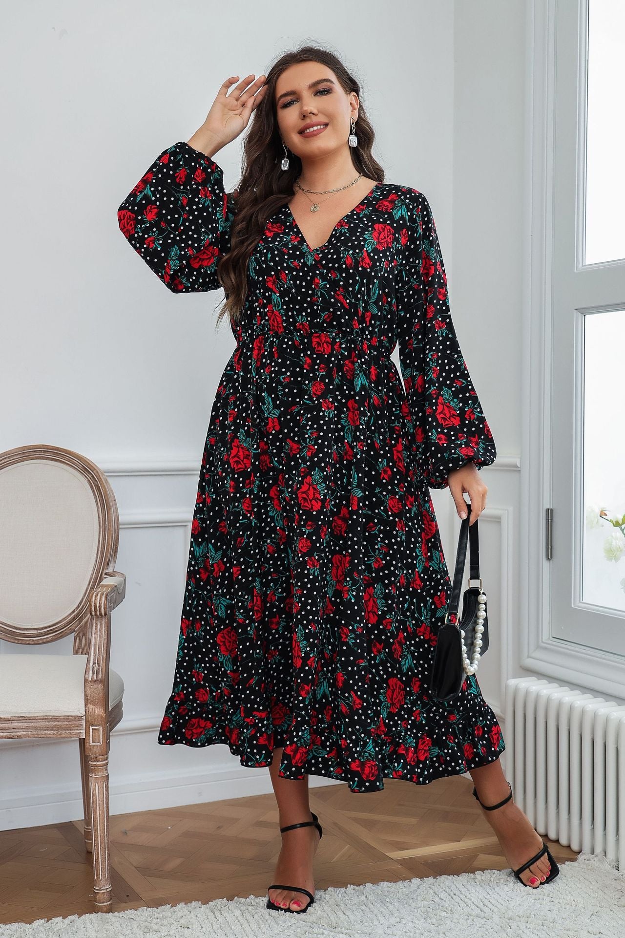 Floral Print Long Sleeve V Neck Wholesale Plus Size Dresses