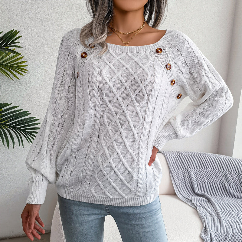 Long-Sleeve Relaxed Square-Neck Button Braid-Knit Pullover Sweater Wholesale Women Top