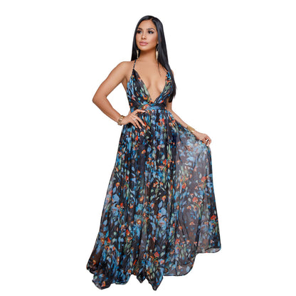 Fashion Print Deep V Neck Open Back Chiffon Beach Sling Wide Swing Dress Sexy Wholesale Maxi Dresses