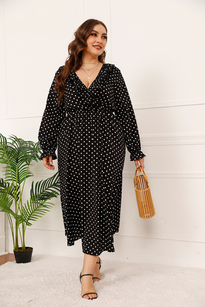 Polka Dot Print Puff Sleeve Bowknot Wholesale Plus Size Dresses