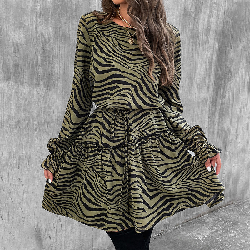 Round Neck Long Sleeve High Waist Zebra Print Ladies Mini Dress Wholesale Women Clothing