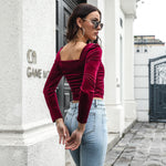 Square Neck Long Sleeve Velvet Shirt Ruched Blouse Wholesale Womens Tops