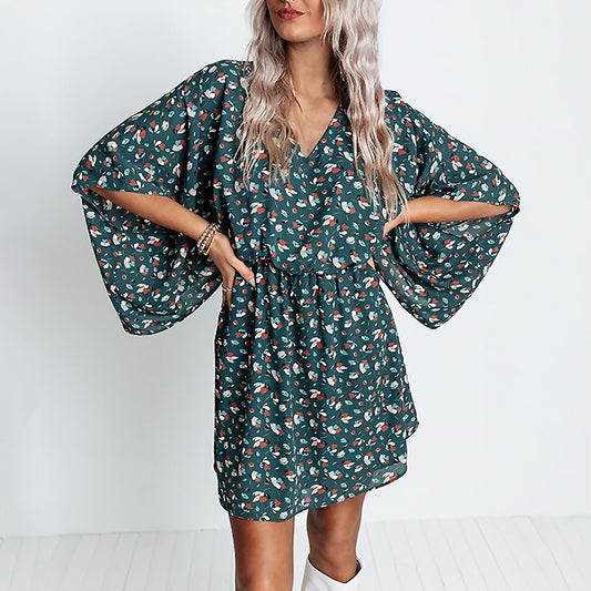 Fashion Print V-Neck Flare Sleeve Summer Chiffon Dress Casual Loose Nipped Waist Wholesale Dresses