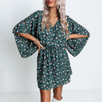 Fashion Print V-Neck Flare Sleeve Summer Chiffon Dress Casual Loose Nipped Waist Wholesale Dresses