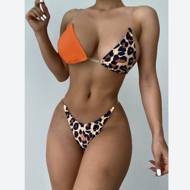 Colorblock Leopard Print Fashion Womens Split Swimsuit Bikini Triangle 2pcs Sets Sexy Swimwear Wholesale Vendors