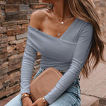 Sexy Off-Shoulder V Neck Solid Color Slim Tops Wholesale Womens Long Sleeve T Shirts