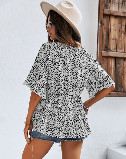 Fashion V Neck Leopard Tops Lotus Leaf Sleeves Lace Up Loose Womens T Shirts Wholesale