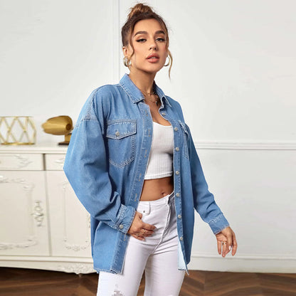 Loose Casual Long Sleeves Simple Pocket Lapel Long Denim Shirt Wholesale Women'S Top