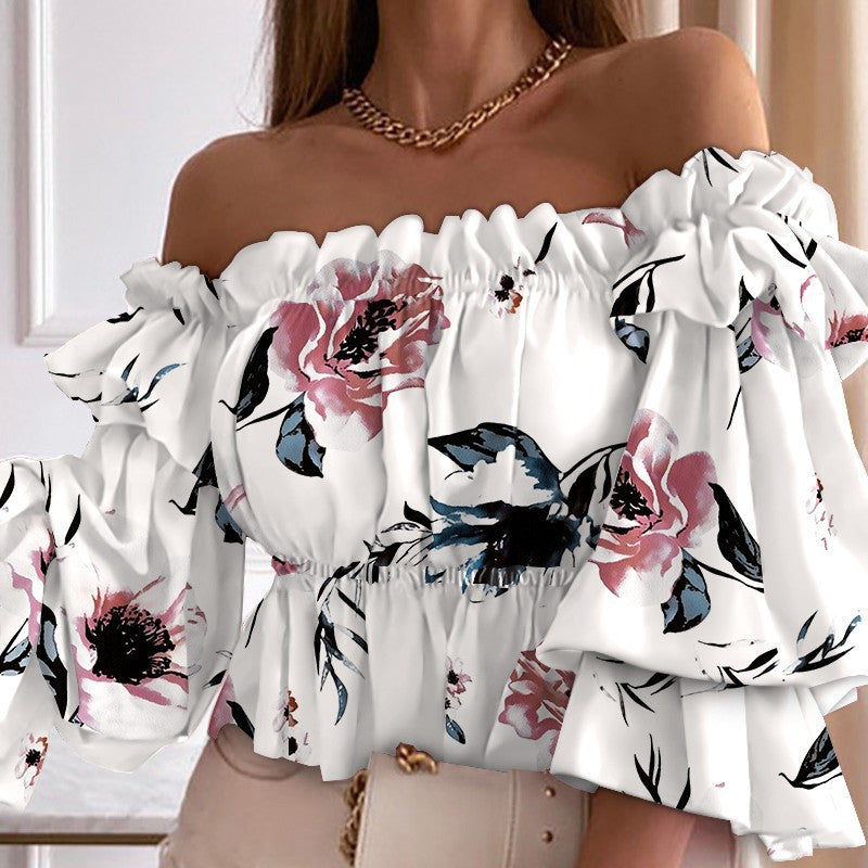 Fashion Off Shoulder Printed Sexy Ruffles Waist Elastic Shirts Wholesale Crop Tops ST531871