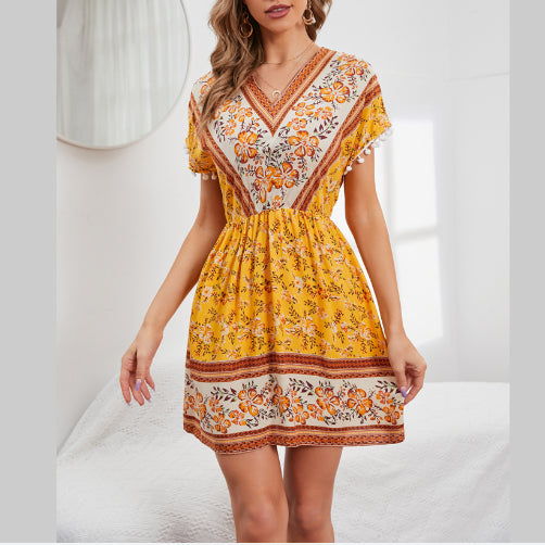 Women Fashion Floral Print V Neck Short Sleeve Wholesale Boho Dresses