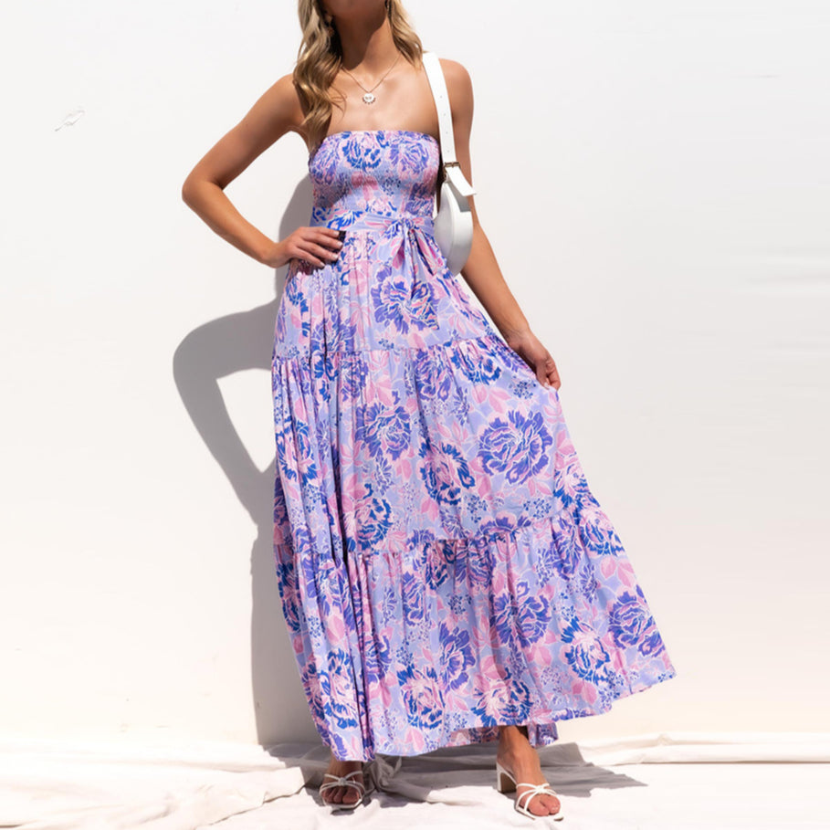 Floral Print Off Shoulder Tie Waist Wholesale Maxi Dresses Summer