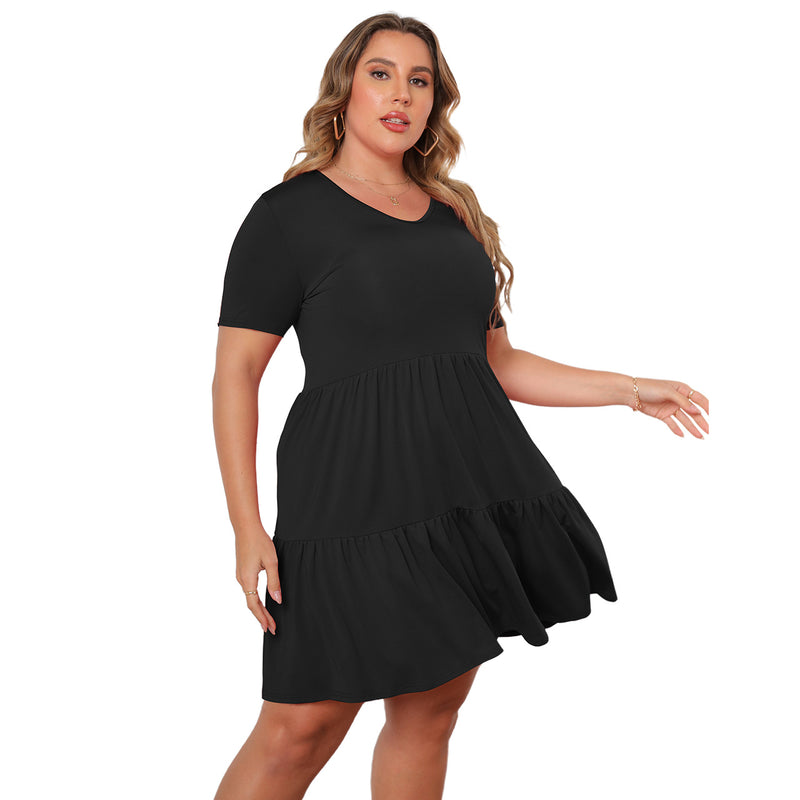 Solid Color V-Neck Short Sleeve Casual Pleated Smocked Curve Dress Wholesale Plus Size Clothing