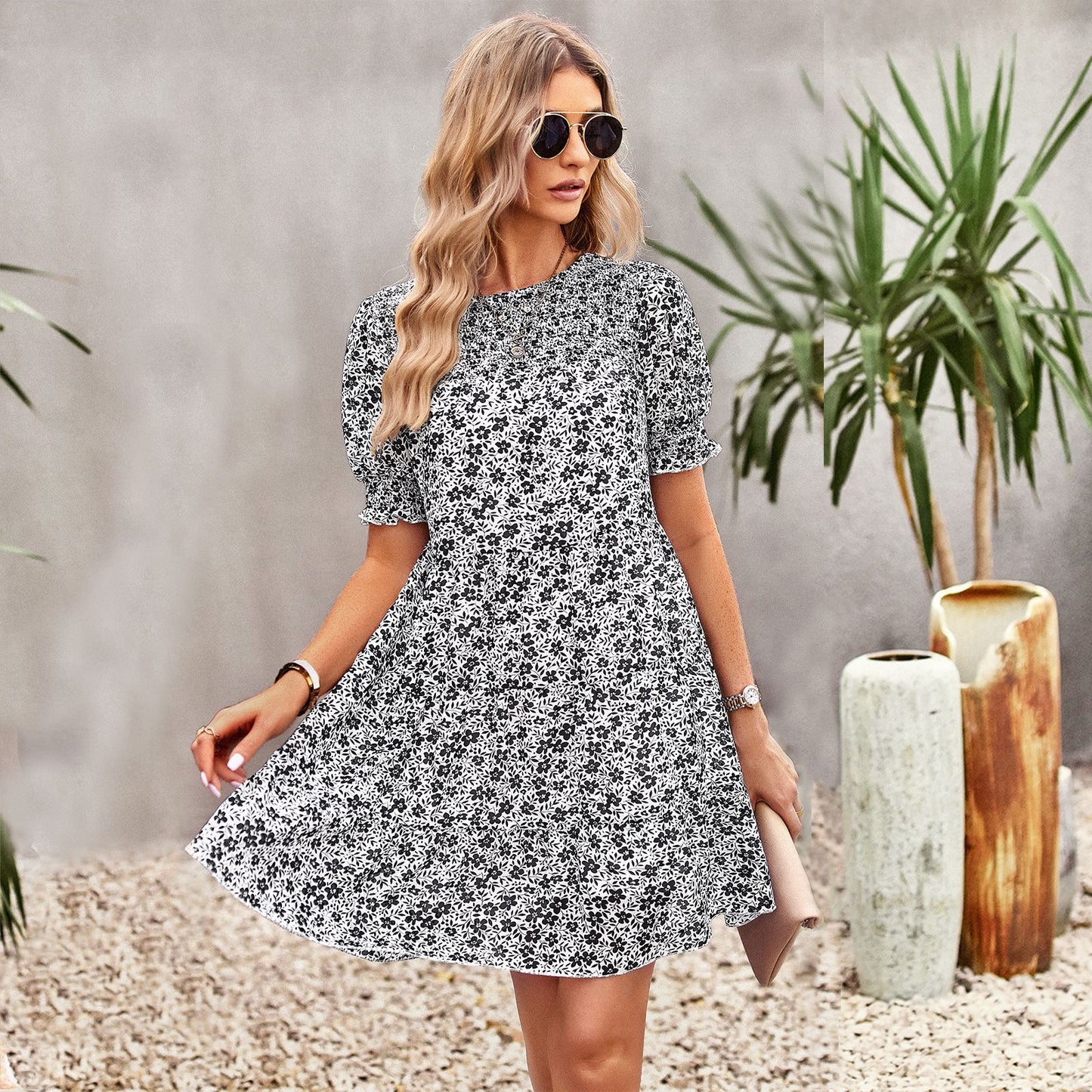 Floral Print Chiffon Printed Smocked Dress Wholesale Dresses