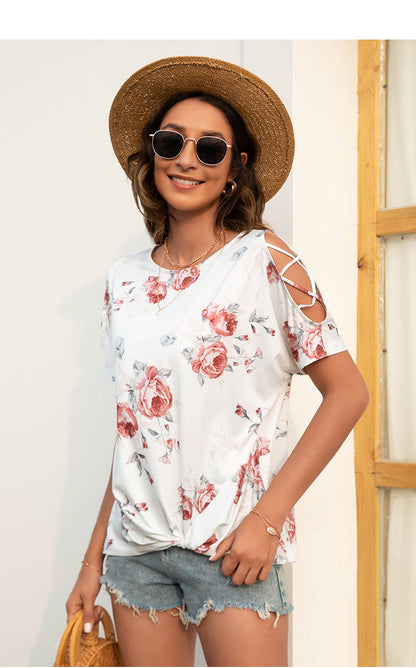 Round Neck Floral Print Crossover Short Sleeve Fashion Womens Tops Casual Wholesale T-Shirts