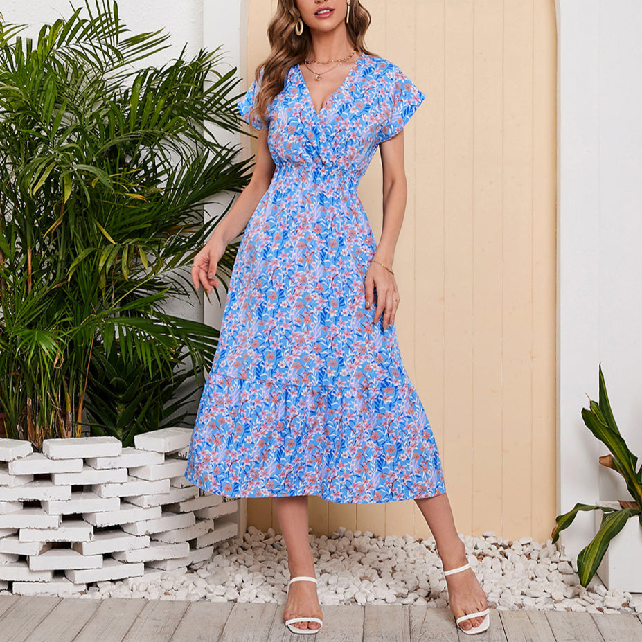 Printed Short Sleeve V Neck Midi Swing Chiffon Dress Wholesale Dresses