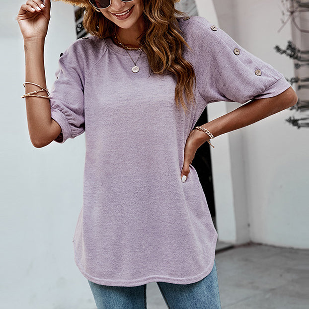 Casual Crew Neck Tops Buttons Decorate Loose Short Sleeve Womens T Shirts Wholesale