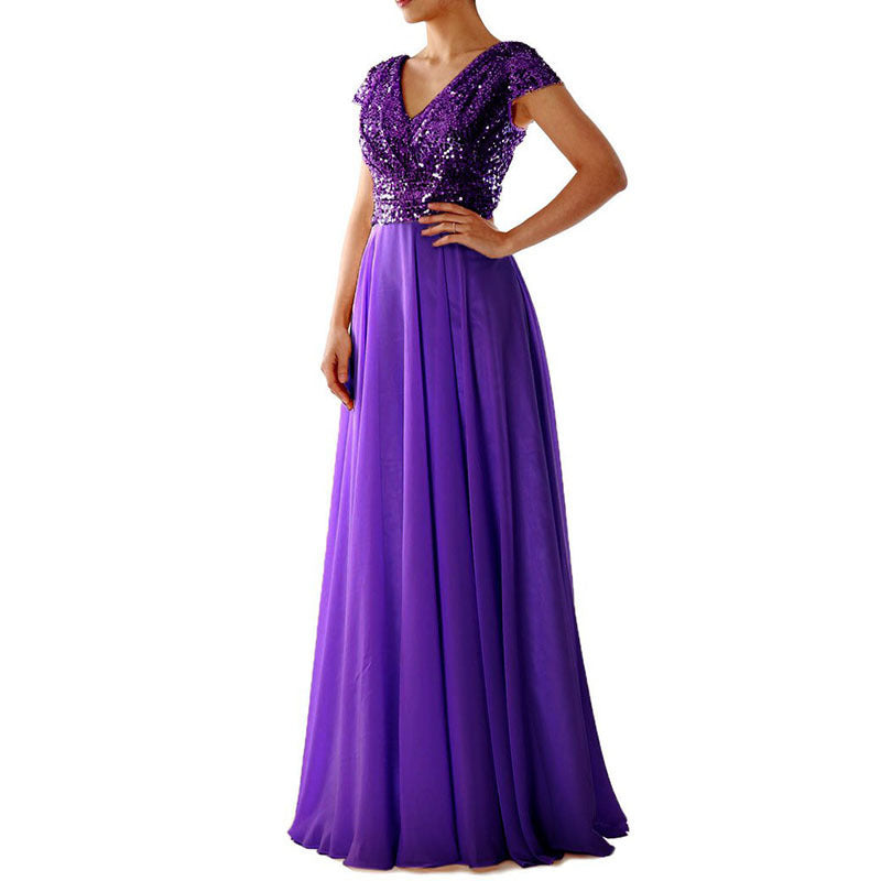 High Waist V-Neck Chiffon Sequin Evening Dress Wholesale Maxi Dresses