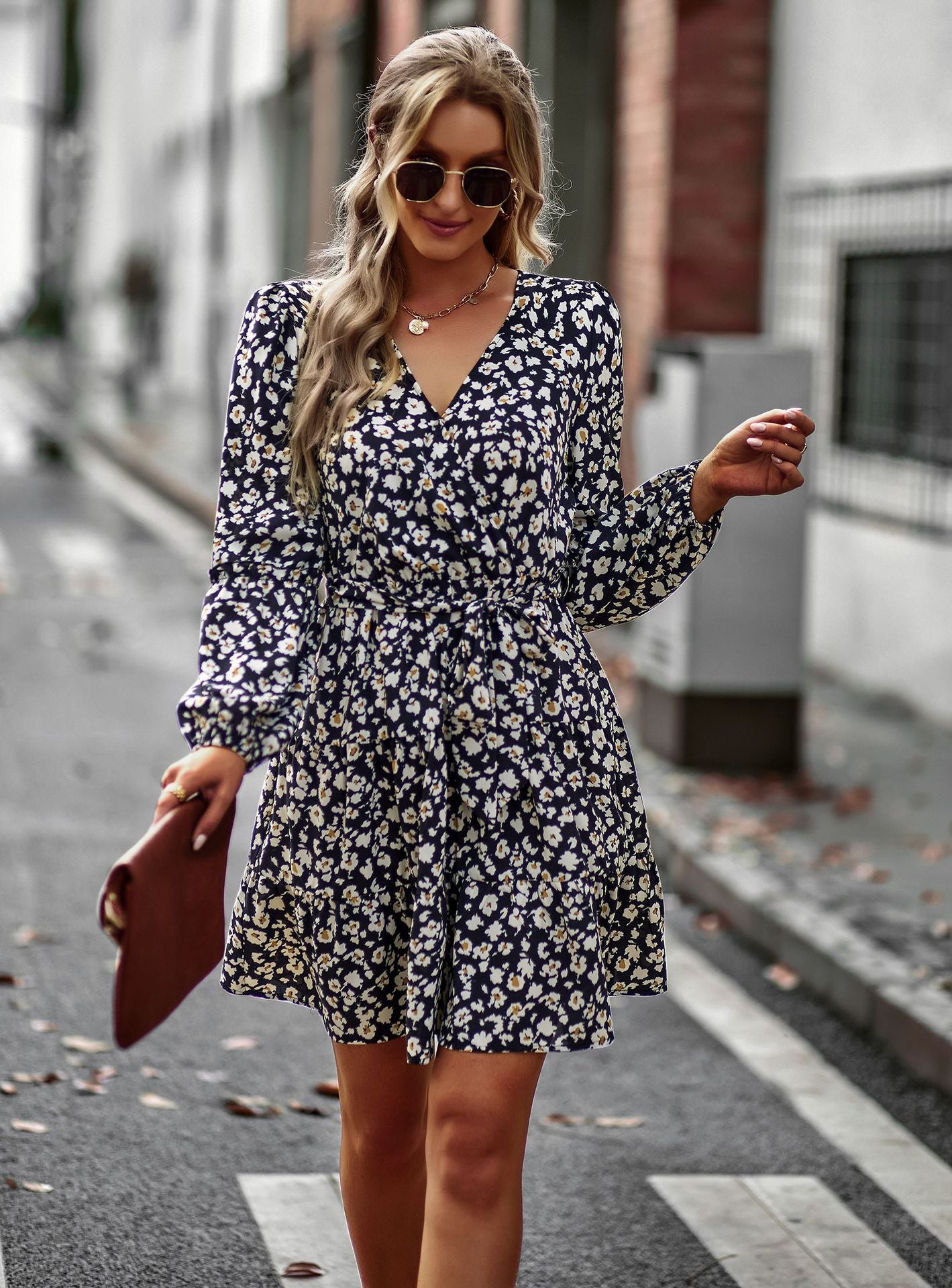 Floral Print V Neck Long Sleeve Swing Dress Wholesale Dresses