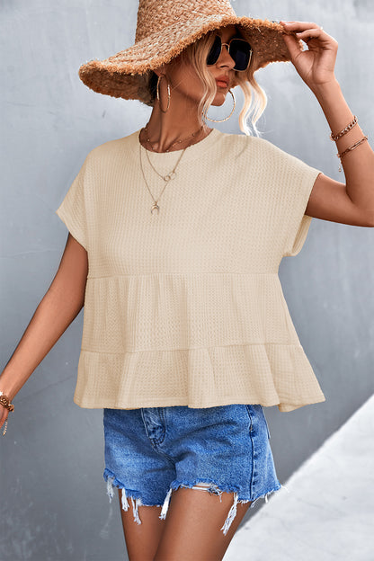 Waffle Round Neck Stitching Top Short Sleeve Solid Color Womens T Shirts Wholesale