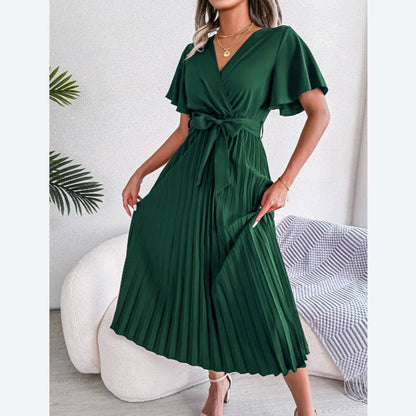 Cross V-Neck Flared Sleeve Tie-Up Pleated Dress Wholesale Dresses