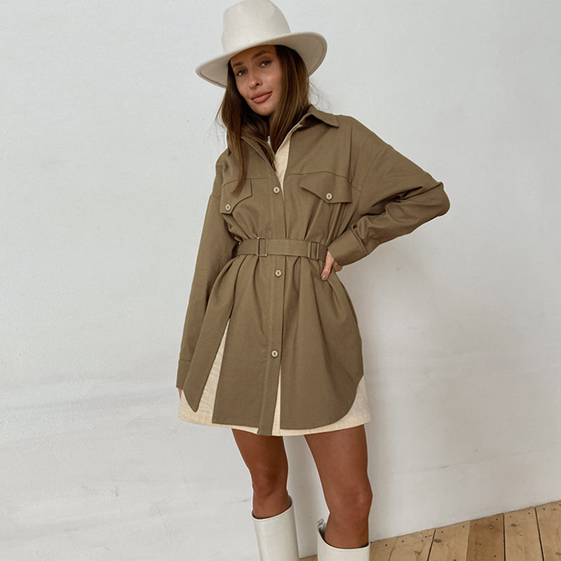 Long-Sleeved Stitching Contrasting Color Niche Retro Shirt Dress Wholesale Dresses
