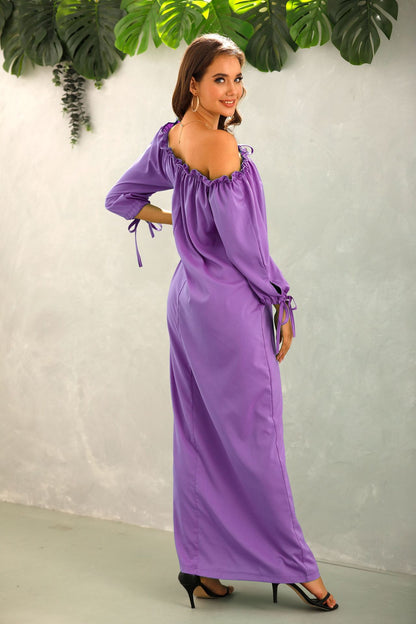 Off Shoulder Solid Color Lantern Sleeve Ruffles Loose Dress Casual Wholesale Maxi Dresses