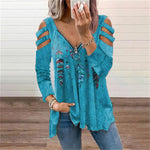 Sexy V Neck Off Shoulder Print Tops Zip Long Sleeve Loose Womens T Shirts Wholesale