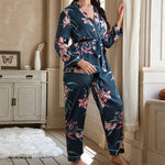 Printed Lace-Up Night-Robe & Trousers Curvy Satin Pajamas Casual Womens 2pcs Sets Loungewear Wholesale Plus Size Clothing