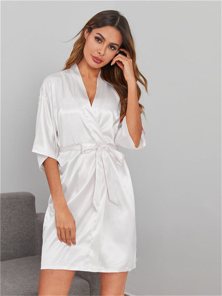 Solid Color Bathrobe Womens Satin Nightgown Casual Home Wear Wholesale Loungewear