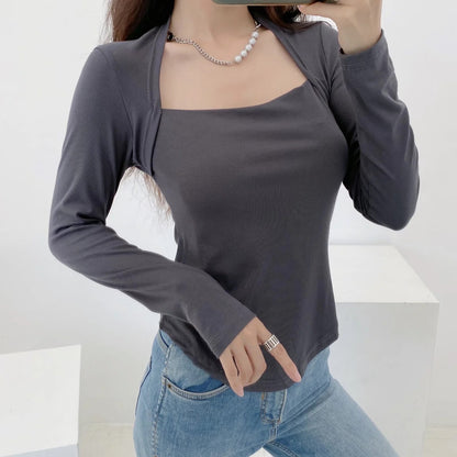 Square Neck Solid Color Irregular Hem Slim Long Sleeve Women Blouse Fashion Wholesale T Shirts