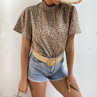 Leopard Print Short Sleeve Turtleneck Wholesale Blouses For Women