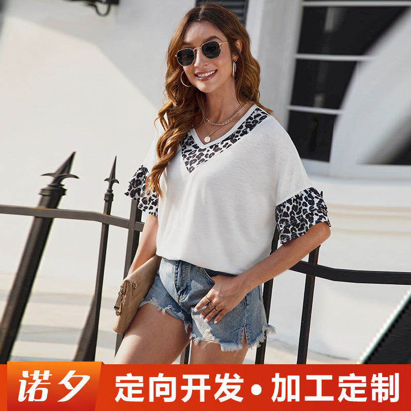 Casual Loose Leopard Print Ruffled V-Neck Womens T Shirts Wholesale