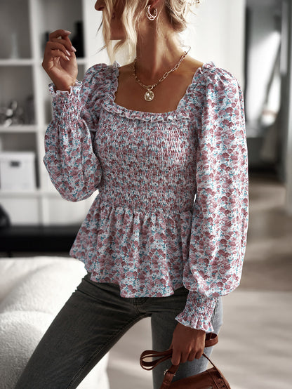 Casual Floral Slim Square Neck Tops Wholesale Womens Long Sleeve T Shirts