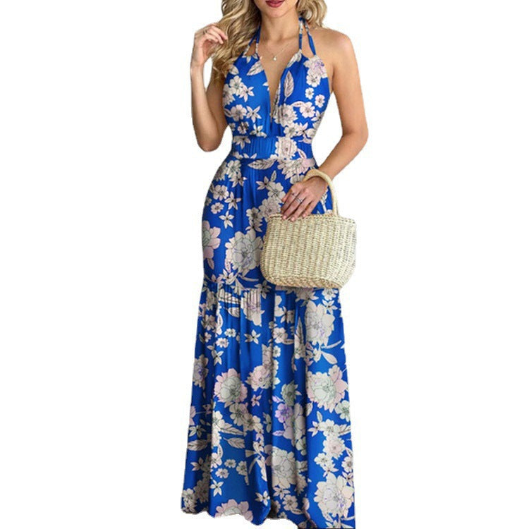 Halterneck Floral Print Sling Resort Sundresses Nipped Waist Backless Swing Dress Sexy Wholesale Maxi Dresses